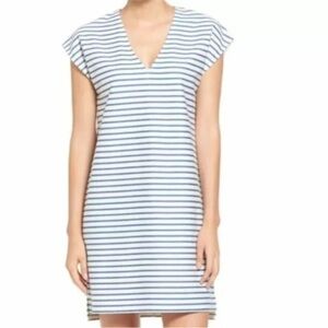 Madewell vacancies cream, blue and white stripes xxs v-neck cotton dress